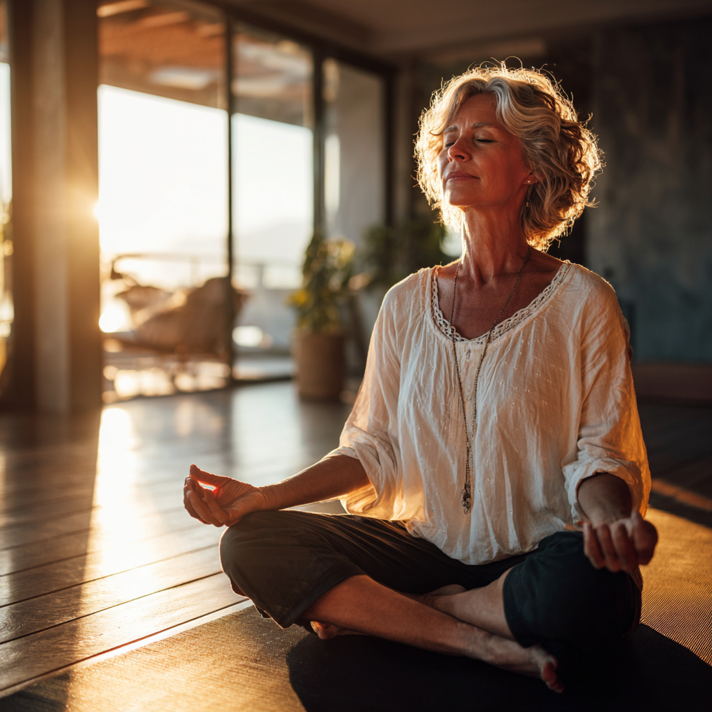Mature woman practicing meditation in peaceful yoga studio