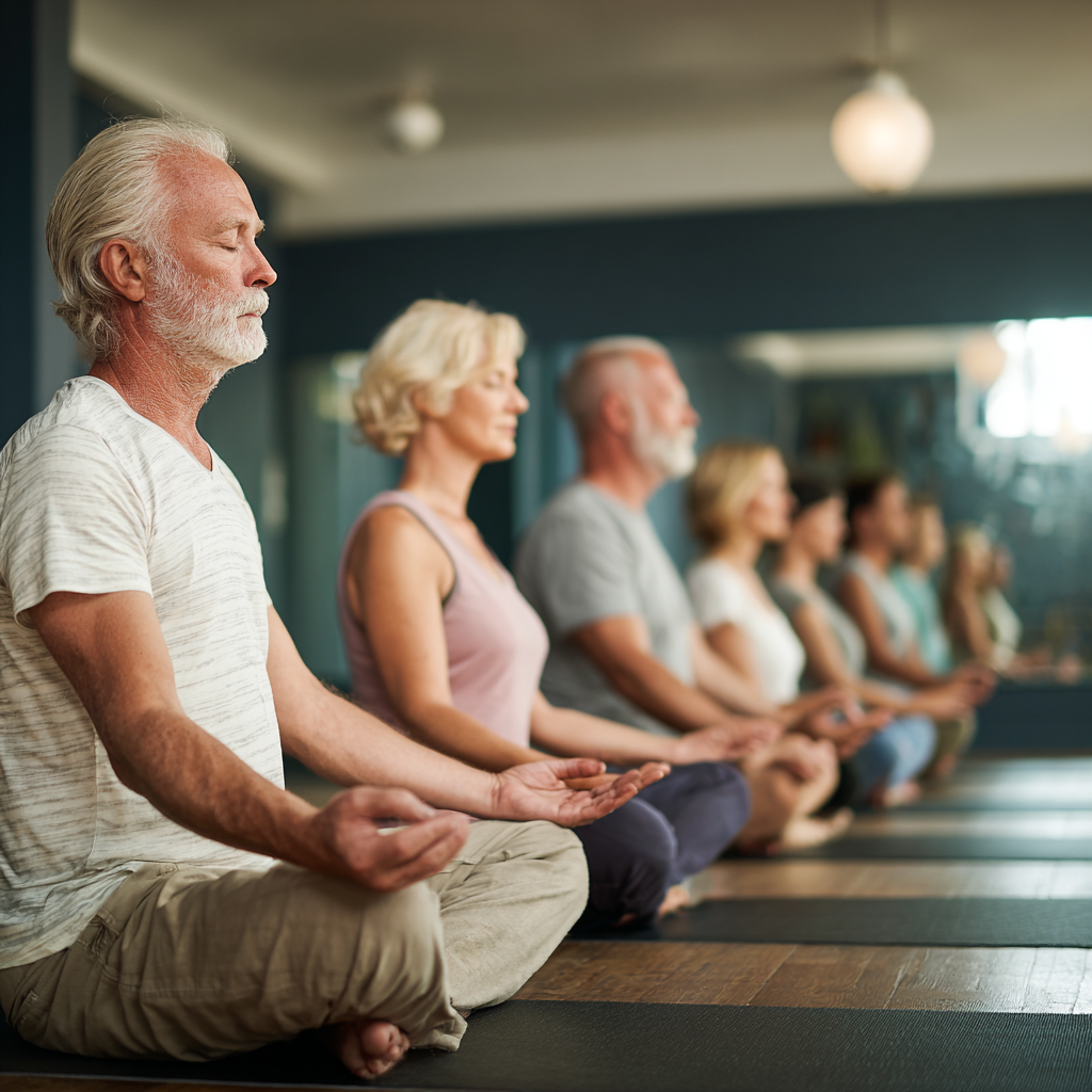 Peaceful yoga studio with middle-aged practitioners in comfortable poses